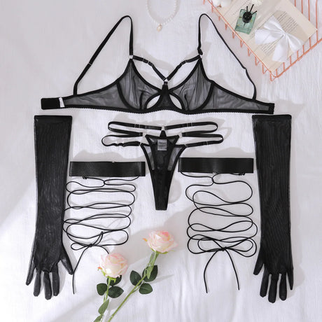 Diccvicc Transparent Mesh Lingerie Bandage Bra Fancy Cut Out Panty Set with Gloves Naked Women Sexy Underwear Uncensored Outfits
