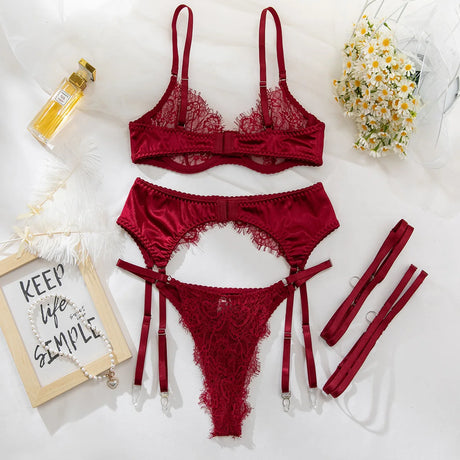 Willowy Women's Lingerie Sets Gorgeous French Lace Satin Patchwork Bra Belt Thong with Leg Circles Slim Sexy Underwear
