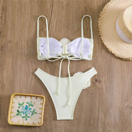 Sexy Flower Bandeau Swimwear Thong Bikini 2026 Women Lace-up Swimsuit Swimming Bathing Suit Brazilian Bikinis Sets Mujer Biquini