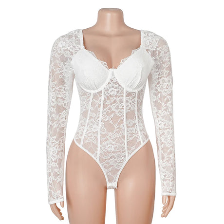 Women Sexy Lace Long Sleeve Bodysuit Underwire Square V Neck Open Crotch Clubwear Top Plus Size Snap Closure Teddy Lingerie