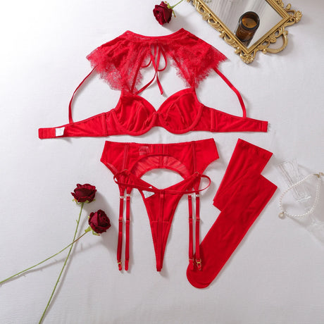 Exclusive Women's Lingerie Intimate Set Romantic Lace Capelet Bra Garter Thong 3PC Stockings Oriental Vintage Chic Girls' Outfit