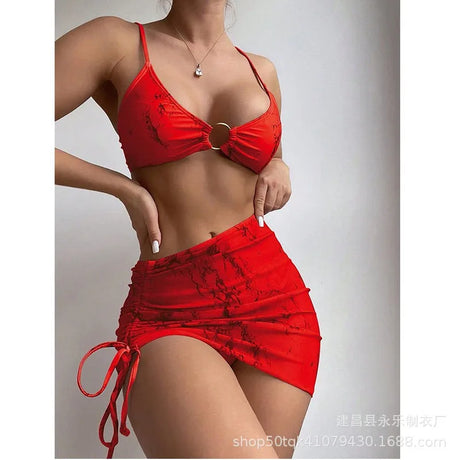 Bikini Printed Crop Neck Bikinis Ruched Waist Side Tie Swimwear Marble Print Metal Ring Detail Two Piece Sets