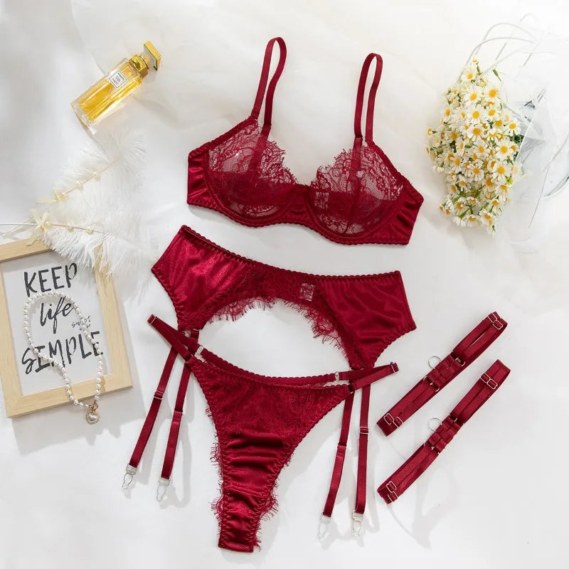 French Eyelash Lace Women's Lingerie Sets See Through Mesh Satin Splicing Matching Set Hot Bra and Panty Garter Sexy Underwear