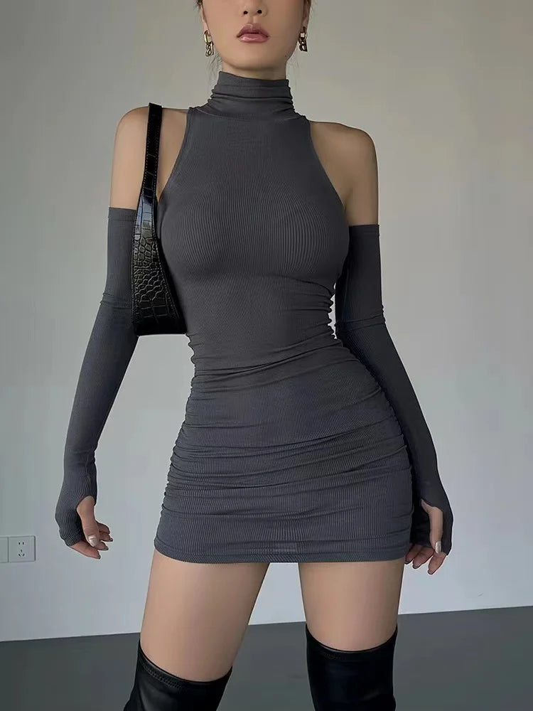 Ruched Bodycon Dress Women Turtleneck Mini Dresses With Sleeves Autumn Black Skinny Stretchy Party Vestidos Fashion Y2K Clothing