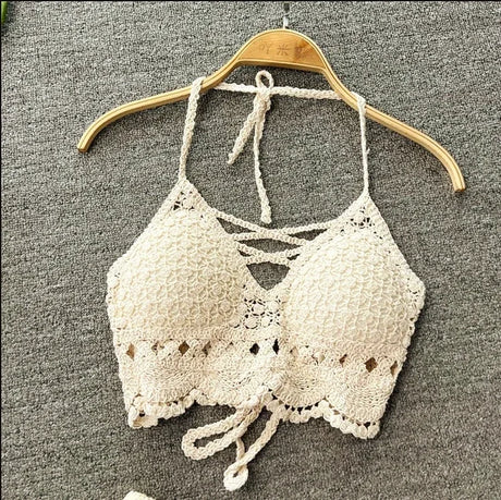 2026 Crop Tops Retro Wild Hollow Perspective Tassel Sexy Spaghetti Strap Tanke Top Women Built In Bra New Back Lace Halter Neck