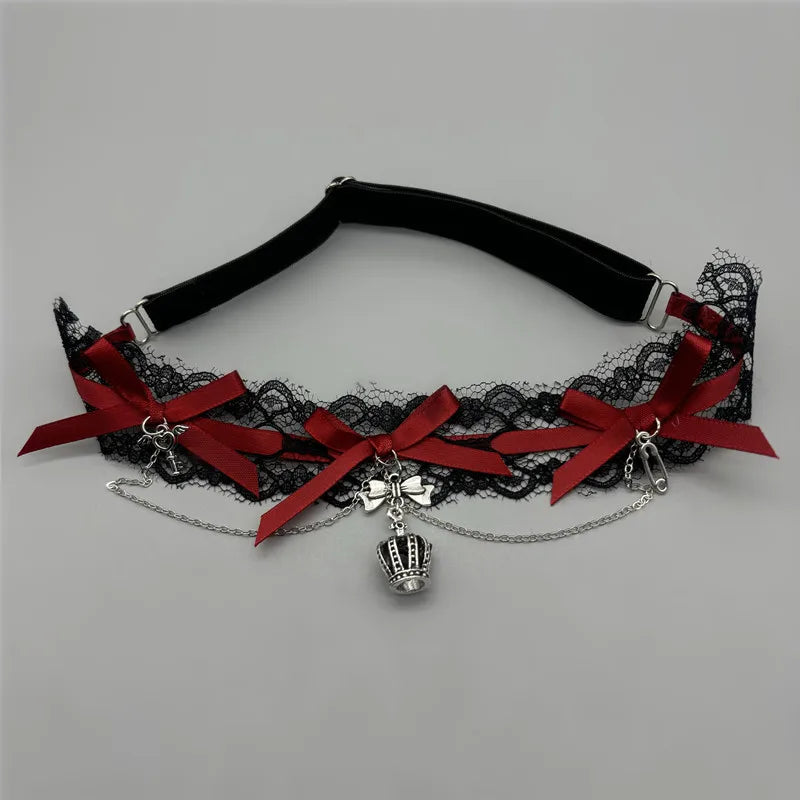Dark Lolita Red Black Lace Crown Thigh Garter Gothic Bowknot Leg Chain JK Elastic Adjustable Thigh Ring Leg Harness Accessory
