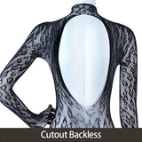 Sexy Crotchless Lingerie Women Open Back Teddies Body Suits Mesh See Through Bodystockings Full Sleeve Leopard Print Bodysuits