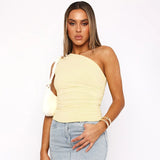 Solid Color One Shoulder Backless Shrink Tank Top T-Shirt Candy Color Tight Sexy Sleeveless Neckless Slim Casaul Top