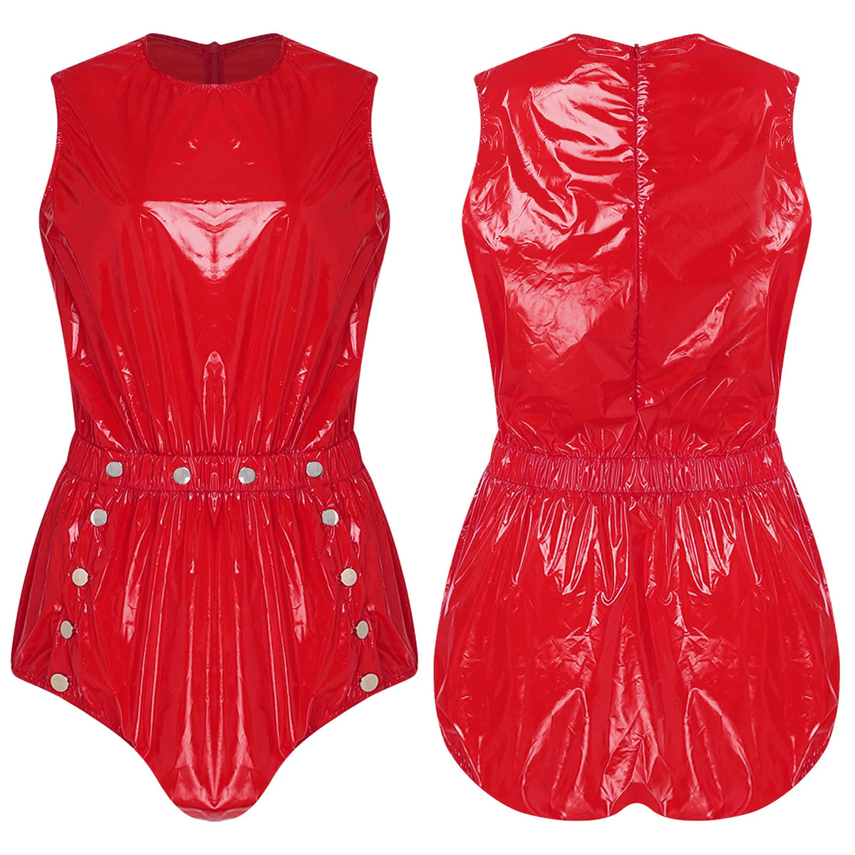 Women One Piece Adaptive Pajama Nightwear Shiny Metallic Sleeveless Buttoned Sleeveless Jumpsuit Waterproof Rompers Bodysuit
