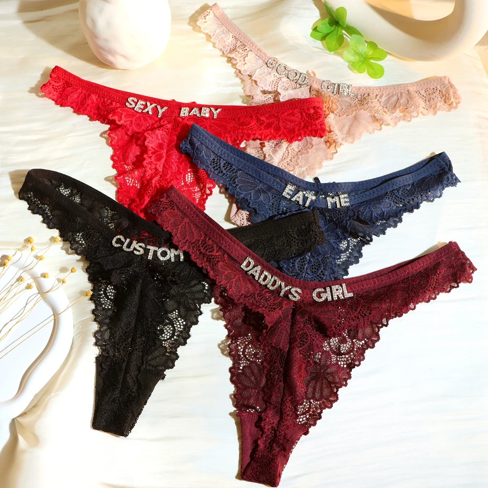 Personalized Rhinestone Letter Lace Thong for Women Custom Name Crystal G-String Panties Sexy Lingerie Gift