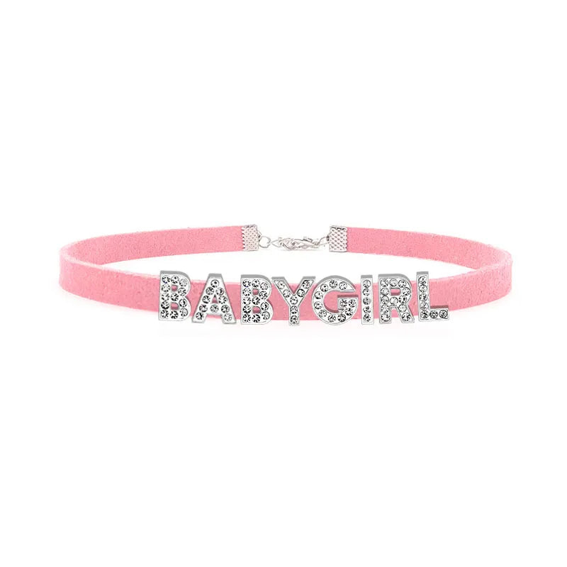 Sexy Rhinestone Letters Hotwife Collar Choker for Women Men DIY Customized Necklaces Pink Suede Leather Cosplay Jewelry Gift