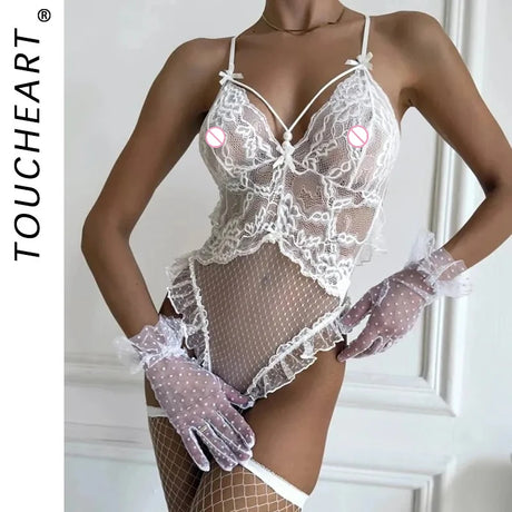 Toucheart Sexy Sling Bodysuit Open Crotch Women See-through Lace Seductive Skinny Plunge Hot Erotic Seductive Hollow Bodysuit