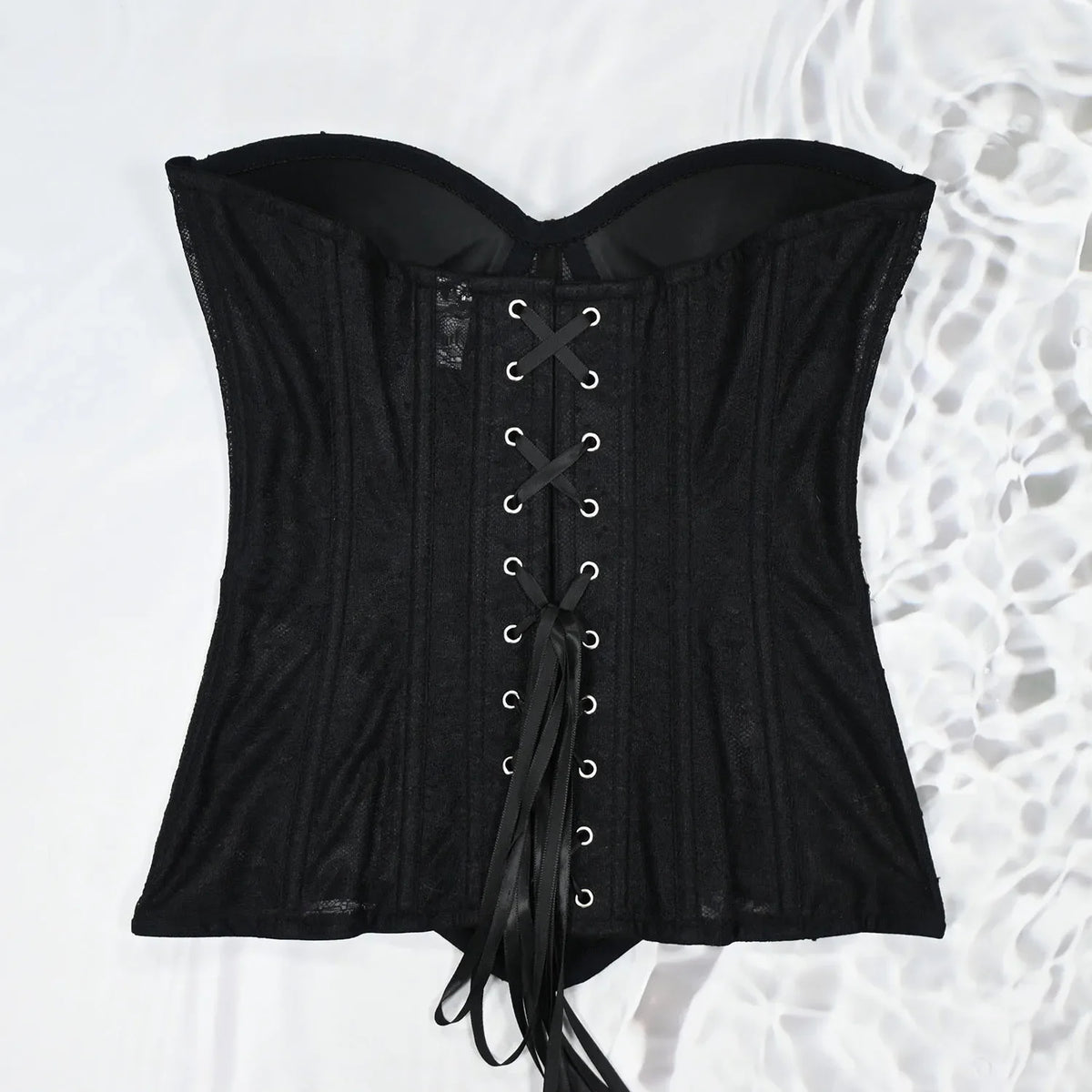 Women Mesh Corset Busiter Overbust Cups Push Breast Floral Lace Bodice Sext Tansparent Strapless Crop Tops Lace Up Steel Boned