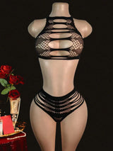 Women's Sexy Pink Mesh Underwear High Elasticity Fishnet Hollow Out Three Piece Open Crotch Babydoll Set Exotic Lingerie