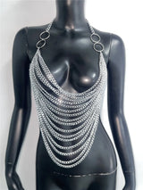 Women Metal Chain Tassel Tank Top Sexy Deep V Neck Backless Hollow Out See Through Crop Top Body Chain Party Club Camisole