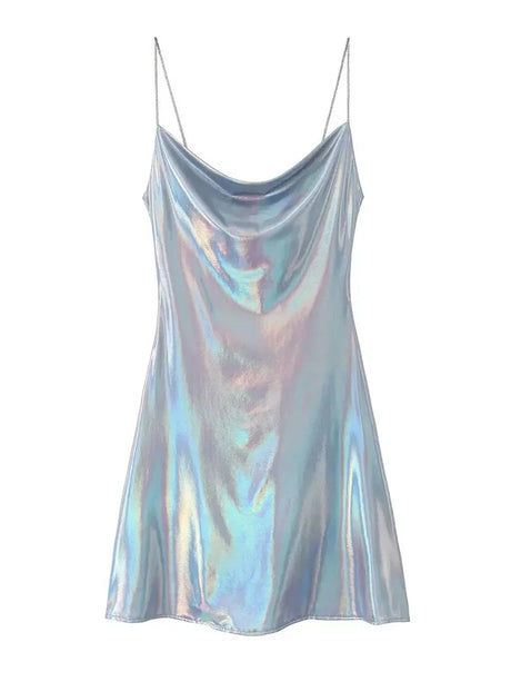 HH Women's Sexy Shinning Metallic Color Slip Mini Dress Woman Fashion Spaghetti Strap Pleated V-neck Slim Party Dresses