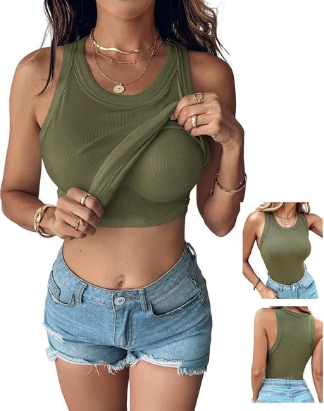 2026 New Spring Summer Women Built in Bra Tank Tops Round Neck Sleeveless Casual Tops Female Racerback Ribbed Fitted Tank Tops