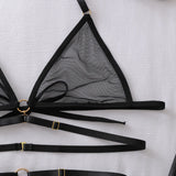 Seductive Women's Lingerie Set Tempted Multi Straps Bandage Bra Garter Belt Panty with Stockings See Through Mesh Underwear