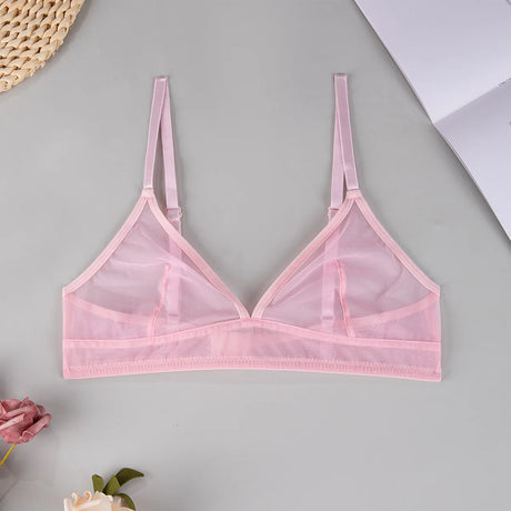 Sexy Transparent Ladies' Brassiere Three-piece Women's Bra Small Bust Mesh Lingerie Ultra-thin Triangle Double Shoulder Straps