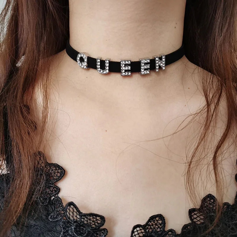 DIY Personalized Rhinestone Letter Custom Name Necklace Black Velvet Leather Choker Collar Neck Jewelry Friends Family Gifts