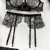 Krasapt Black Lace Embroidered Metal Buckle Sexy Lingerie Set Front Open See-through Lingerie 5Pcs Set Fancy Exotic Intimate Set