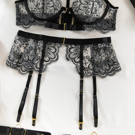 Krasapt Black Lace Embroidered Metal Buckle Sexy Lingerie Set Front Open See-through Lingerie 5Pcs Set Fancy Exotic Intimate Set