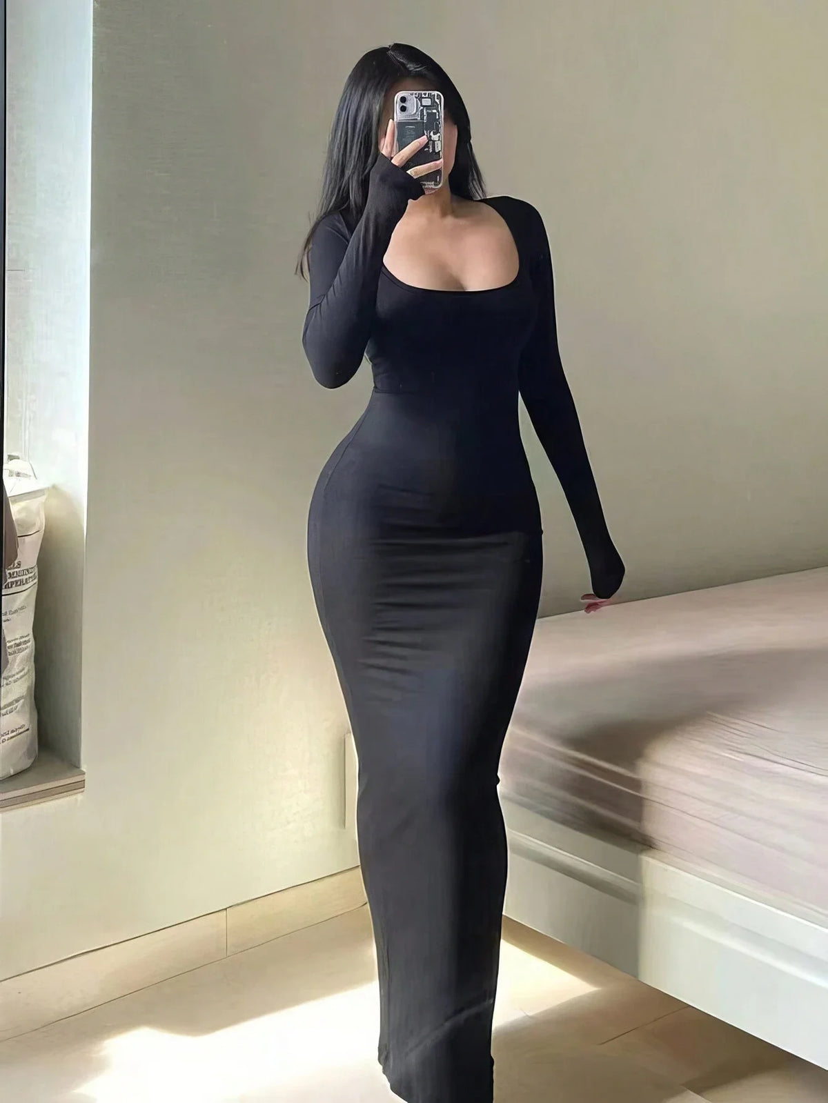 Women's Solid Long Sleeve Bodycon Dress, Chic Basic Minimalist Causual Fashion Scoop Neck Long Dress, Womenswear