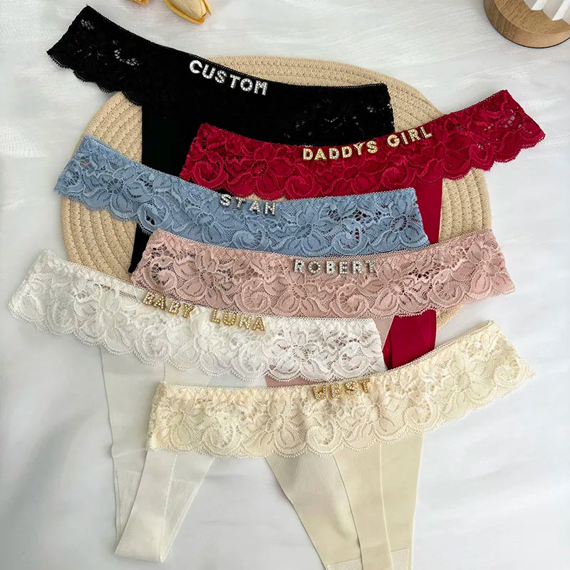 Personalized Custom Thong Name Crystal Letter G-String Low Waisted Lace Thong Ice Silk Bikini Panties Hot Wife Girlfriend Gift