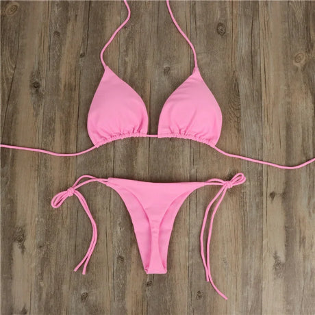 Solid Red String Bikini Set Halter Neck Triangle Top Side Tie Thong Bottom Women Summer Beach Swimwear