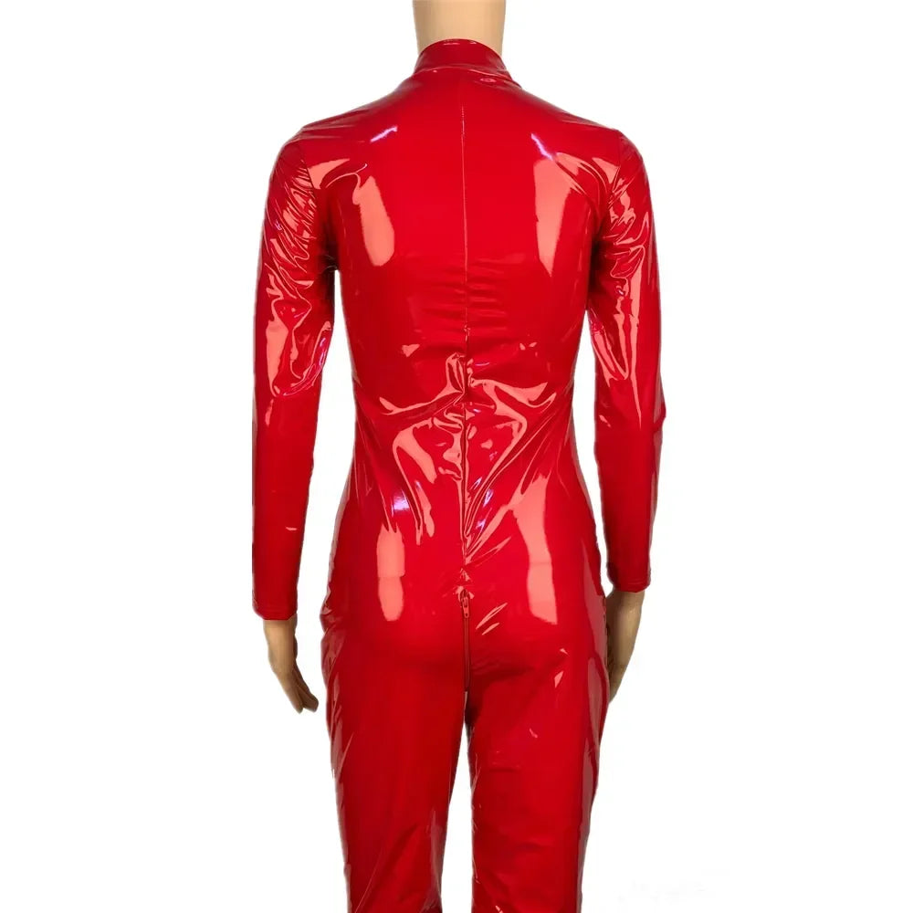 Sexy Hot Women Faux Leather Catsuit PVC Latex Bodysuit Front Zipper Open Crotch Jumpsuits Stretch Bodystocking  Costumes