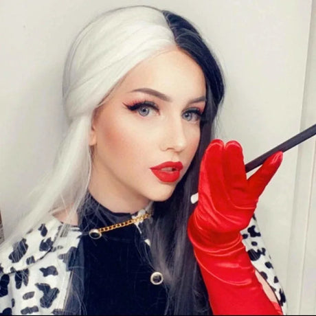Cosplay Halloween Party Wigs CRUELLA Deville De Vil Black White With Bangs Short Bob Hair for Women Heat-Resistant Synthetic Wig