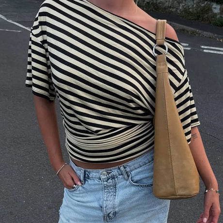 2026 New Autumn Women Vintage Striped Off Shoulder T-shirt Waist Cinching Slim Fit Daily Wear Ladies Tops