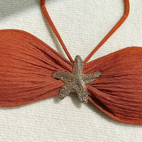 Metal Starfish Brown Bandeau Bikinis Sets 3 Pieces Sexy Swimsuit Cover Up Women 2026 Holiday Swimwear High Cut Bather Beach Wear