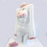 SENMHS Original Japanese Sweet Lolita Cat Girl Cosplay Set Women Kawaii Cat Paw Bikini with Hooded Bodysuit Photo Shoot Hallowee