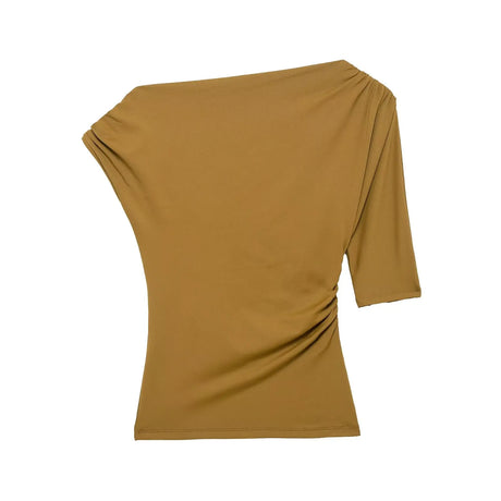 HH Vintage Women's Asymmetric Bustier Tops 2025 Female Sexy Skew Collar Off-shoulder Pleated Metal Decorate Shirt Streetwear