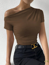 2026 New Women's Off-Shoulder Pleated Top Summer Y2K Sexy Crew Neck Short Sleeve Fashionable Elegant Slim-Fit Top