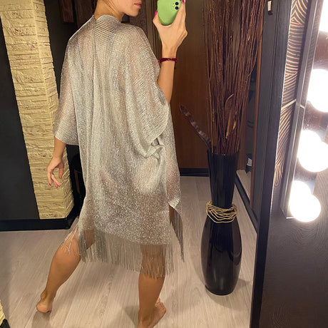 Swimsuit Cover-ups  Fashion Tassel Gold Bikini Beach Cover Up Sexy Beach Dress Tunics for Women Summer Wear See Through