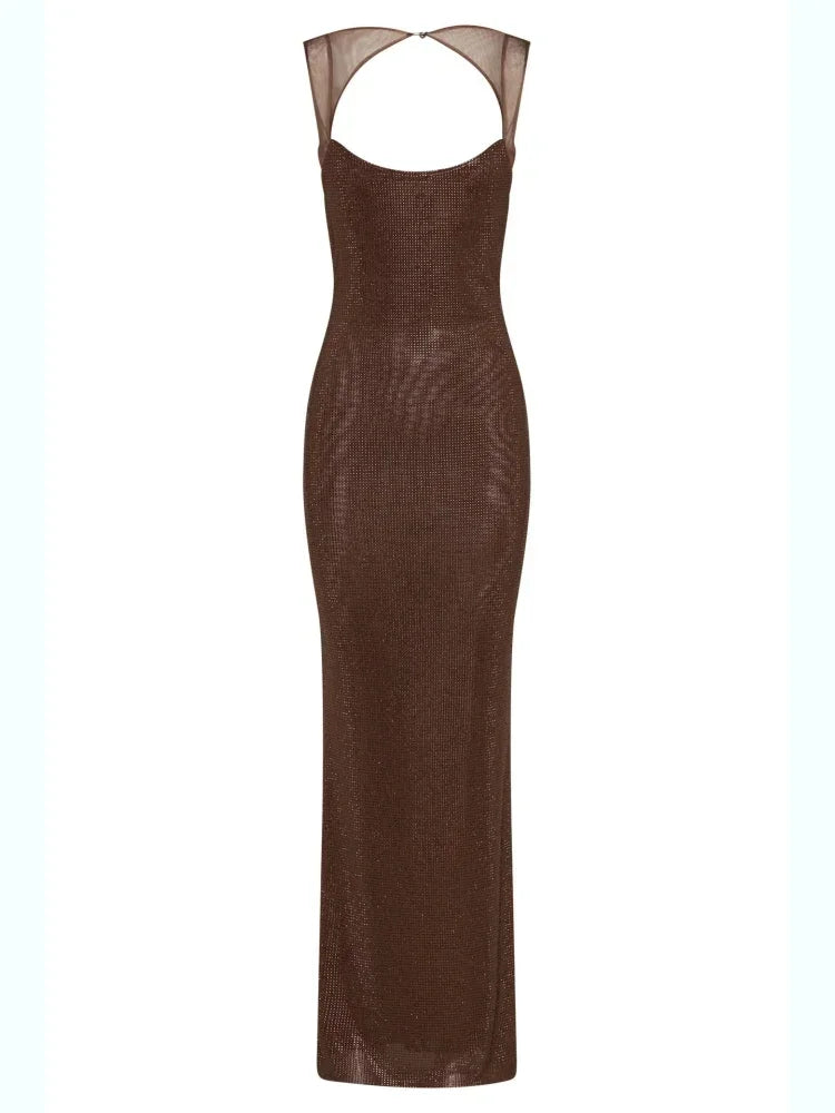 Sexy Square Collar Mesh Patchwork Diamonds Long Dress Women Backless Shiny Rhinestone Slim Dresses Evening Party Cocktail Gowns