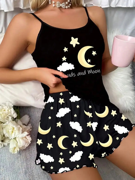 Women Pajamas Sleepwear 2 Pieces Set Black Camisole Shorts Moon & Cloud Print Scoop Neck Cami Top Backless Lettuce Trim Ice Silk