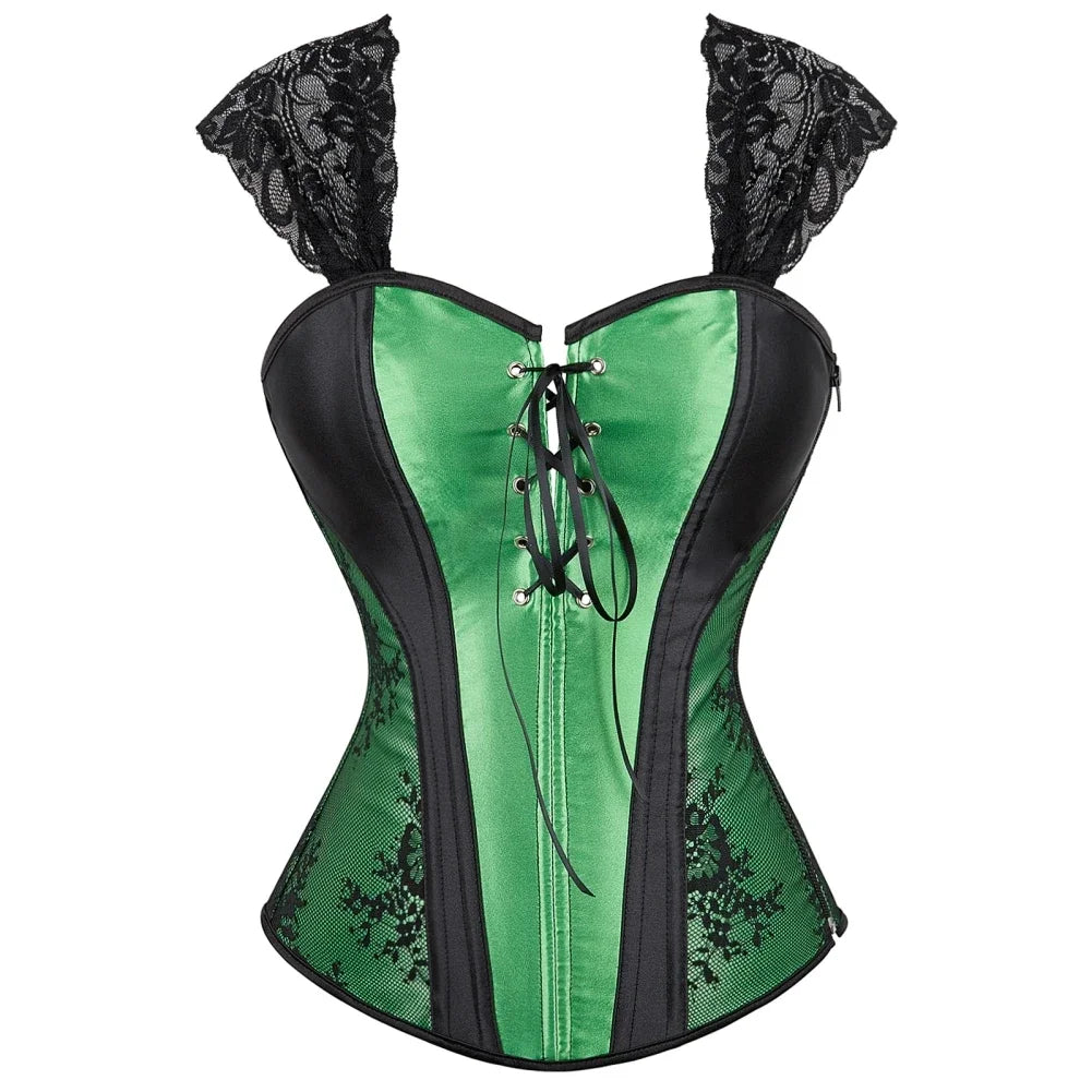 Gothic Corset Top With Straps Sexy Floral Zipper Brocade Overbust Lingerie Burlesque Body Shaper Lace Up Bustier Plus Size