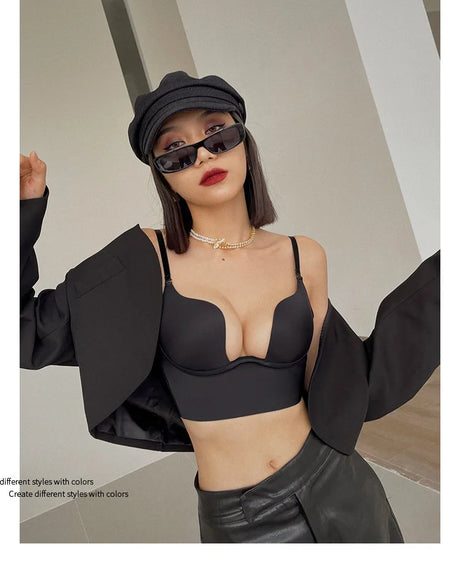 Deep U Low Cut Sexy Bra Push Up Backless Bra for Women Anti Sagging Cross Back Bras Solid Color One Piece Beauty Back Underwear