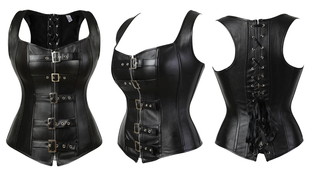 Women Corset Bustier Steampunk Zipper Corset Top Black Leather Corset With Straps