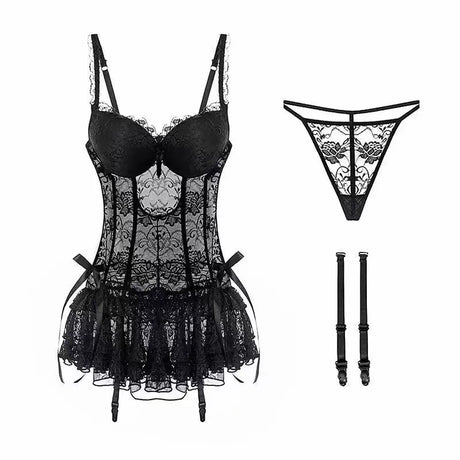 French Sexy Lace Nightdress Summer Women's Corset Gather Suspenders Pajamas with Chest Pads See Through Mesh Lace Loungewear