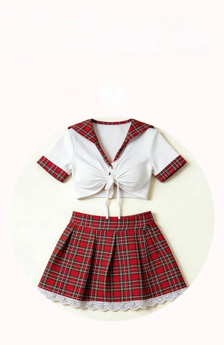 Women Sexy Lingerie Plaid Cosplay Uniform Role Play Costume Erotic Underwear Checkered Nightwear Fancy Dress Plus Size Set