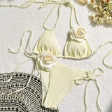 Sexy Flower Bandeau Swimwear Thong Bikini Women Lace-up Swimsuits Swimming Bathing Suit Brazilian Bikinis Set Mujer Biquini
