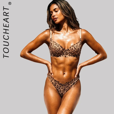 Toucheart Erotic Lingerie Women's Lace Leopard Print Body Shaping Push-up Luxurious Seductive Intimate Bra Large Size Thin Set