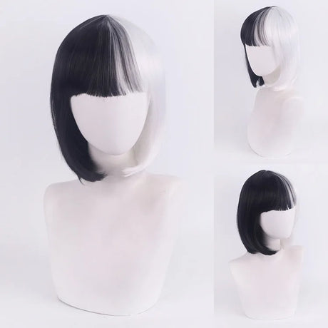 Cosplay Halloween Party Wigs CRUELLA Deville De Vil Black White With Bangs Short Bob Hair for Women Heat-Resistant Synthetic Wig