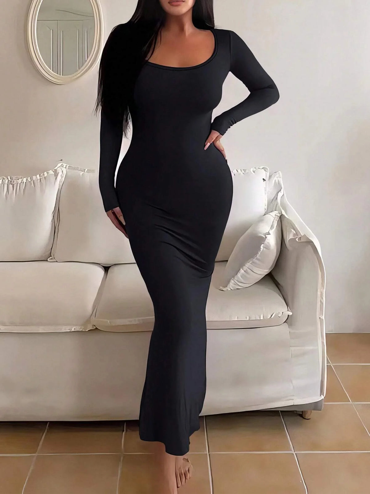 Women's Solid Long Sleeve Bodycon Dress, Chic Basic Minimalist Causual Fashion Scoop Neck Long Dress, Womenswear