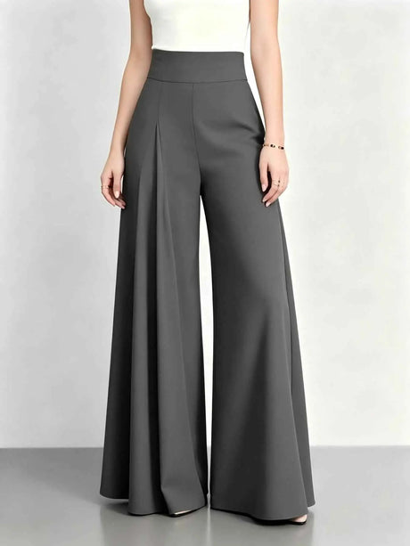 Elegant Women High Rise Pleated Palazzo Pants Solid Multi Color Loose Fit Flare Long Trousers Business Office Work Wear Wide Leg