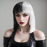 Cosplay Halloween Party Wigs CRUELLA Deville De Vil Black White With Bangs Short Bob Hair for Women Heat-Resistant Synthetic Wig